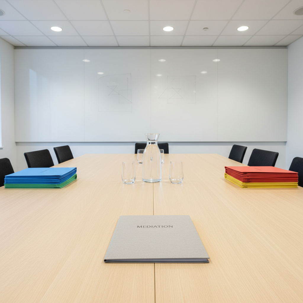 A minimalist conference table of light maple set in a modern meeting room, with a tidy arrangement of a mediation file, two sets of color-coded case folders, and a central glass carafe of water with two empty tumblers placed symmetrically. A large whiteboard in the background shows faint, erased diagrams, suggesting prior dispute resolution planning. Cool, even overhead lighting creates a neutral, balanced tone with minimal shadows. Captured from a slightly elevated angle in photographic realism, the composition emphasizes open space at the table’s center, conveying neutrality, calm, and a safe environment for civil dispute mediation.