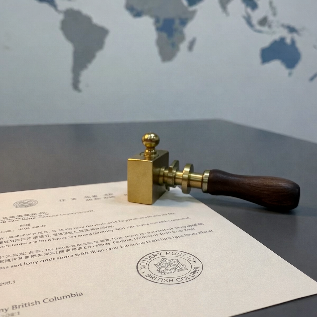 A close-up, photographic realism image of an official-looking Hong Kong document resting on a smooth slate-gray desk, with a bold red chop stamp and embossed notarial seal prominently visible in the foreground. Beside the document lies a high-quality metal-and-wood notary seal press, its textured handle catching a soft side light. In the slightly blurred background, a world map on the wall highlights Hong Kong and British Columbia in muted blue tones, suggesting cross-jurisdictional expertise. Warm, focused desk lighting creates gentle shadows and emphasizes details in the paper fibers and seal impressions, evoking precision, legitimacy, and international professionalism.
