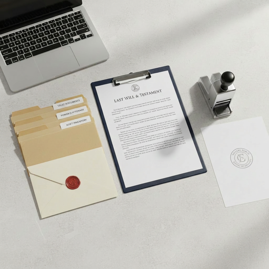 An elegant flat-lay of meticulously organized legal documents related to wills and estate planning, spread across a pale stone tabletop. A detailed last will and testament rests on a dark blue clipboard, flanked by a wax-sealed envelope, a neat stack of labeled file folders, and a chrome notary embosser with a visible seal impression on crisp white paper. A closed laptop in brushed aluminum sits at the edge. Diffused natural light from above casts soft shadows, giving the scene a clean, trustworthy mood. Photographic realism with sharp focus throughout, emphasizing clarity, order, and professionalism.