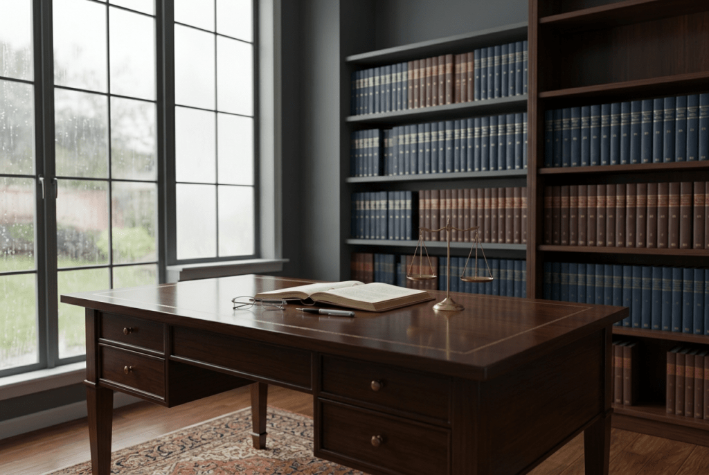 A polished dark oak legal desk neatly arranged with an open leather-bound case file, a pair of refined reading glasses folded beside a silver fountain pen, and a small brass scale of justice standing prominently. Behind the desk, shelves of navy and burgundy hardbound law books line a matte charcoal wall. Soft daylight filters through a frosted glass window to the side, creating gentle highlights on the metal and subtle reflections on the desk’s surface. Photographic realism at eye level, with a shallow depth of field that blurs the distant books, creating a calm, professional atmosphere ideal for a legal services homepage.