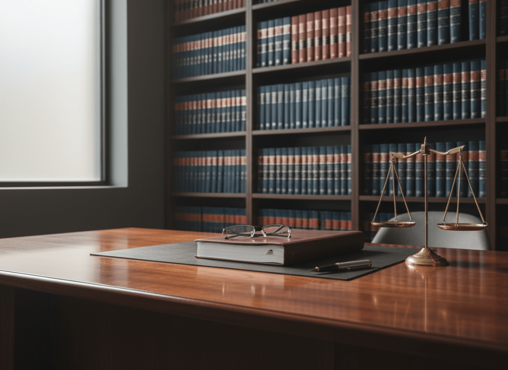 A landscape-oriented professional legal office scene: a polished dark oak desk with a leather-bound case file, refined reading glasses, a silver fountain pen, and a brass scale of justice in the foreground. Behind the desk, shelves of navy and burgundy law books line a matte charcoal wall. Soft daylight filters through a frosted glass window from the side, creating subtle highlights and a calm, trustworthy atmosphere. Photographic realism, wide horizontal composition suitable for a website about section.